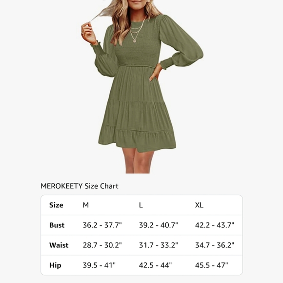 NWT Merokeety Army Green Crew Long Sleeve Smocked Tier Boho Prairie Mini Dress M - Picture 12 of 14